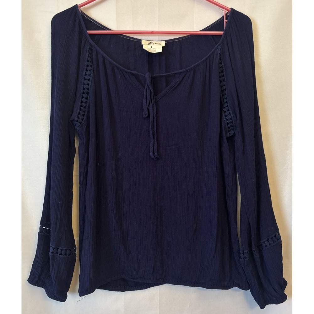 M Fasis Women's Navy Blue Crinkle Embroidered Long‎ Sleeve Tie Front Blouse L